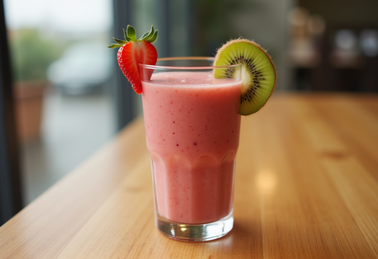 Refreshing Strawberry Kiwi Smoothie in a glass, garnished with fruit, ready to enjoy.