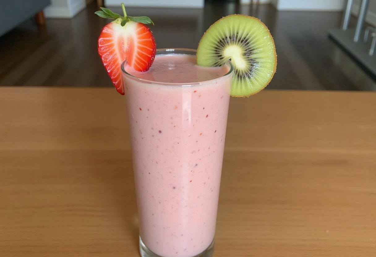 Refreshing Strawberry Kiwi Smoothie in a glass, garnished with fruit, ready to enjoy.
