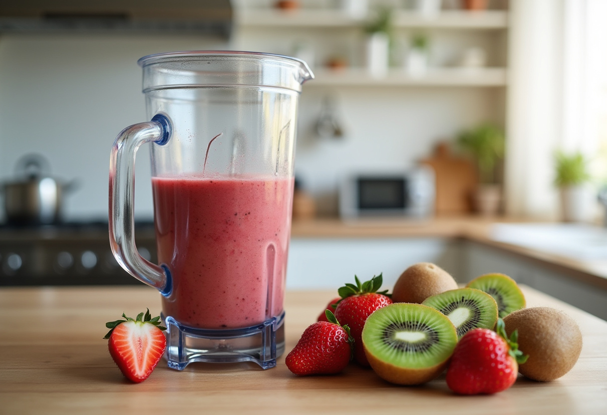 Fresh strawberries and kiwis prepared for making a Strawberry Kiwi Smoothie.