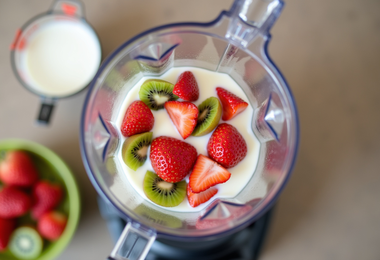 Strawberries and kiwis being added to a blender for a smoothie.