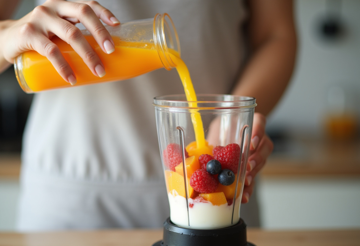 Orange juice being poured into a blender with fruits and yogurt for a Strawberry Kiwi Smoothie.