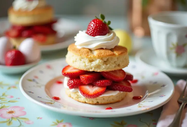 Delicious homemade strawberry shortcake with fresh strawberries and whipped cream, an ideal Easter dessert.