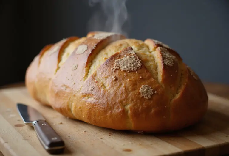 Freshly baked batard bread on a cutting board.
