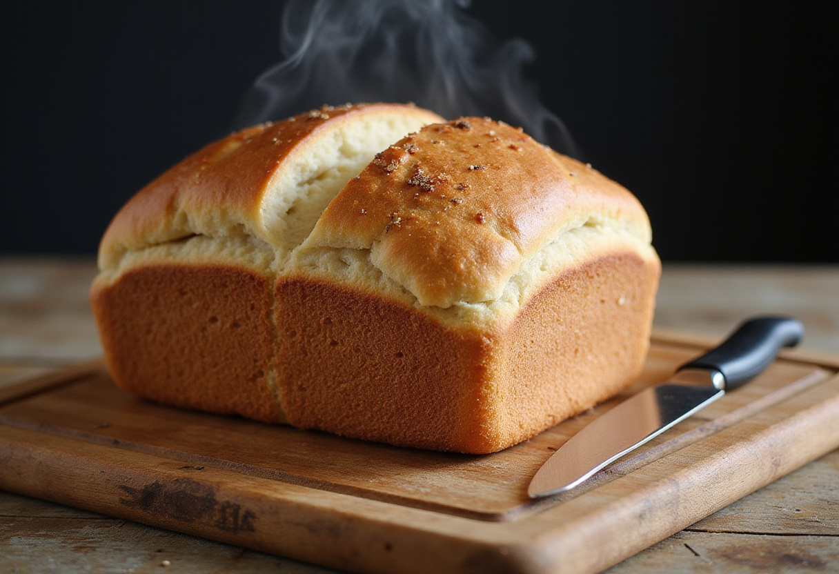 Freshly baked batard bread on a cutting board.