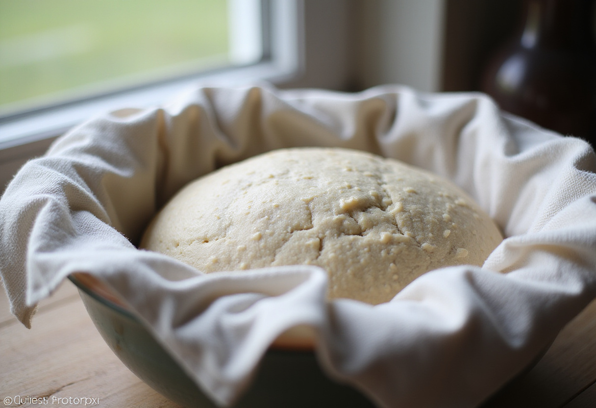 Batard bread dough rising in a bowl with a damp cloth.