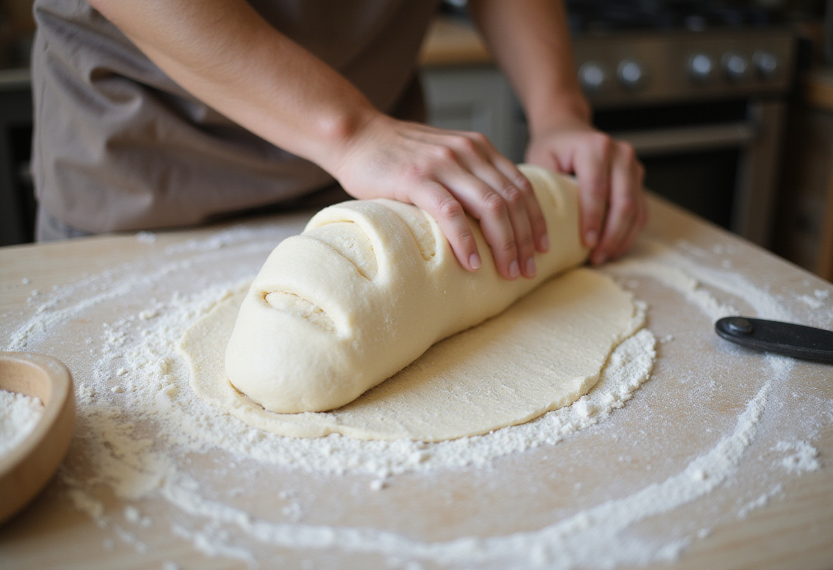 Shaping batard bread dough on a floured surface.