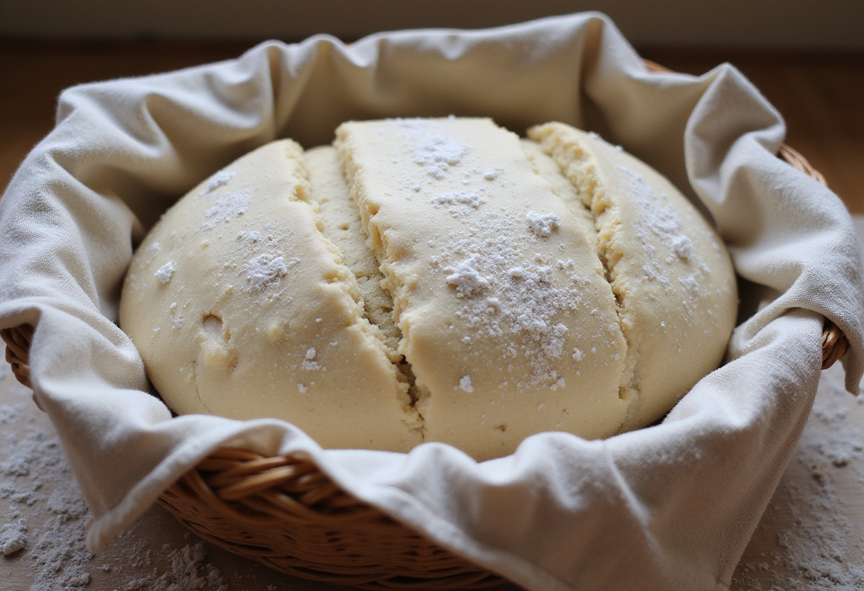 Batard bread dough proofing in a basket.