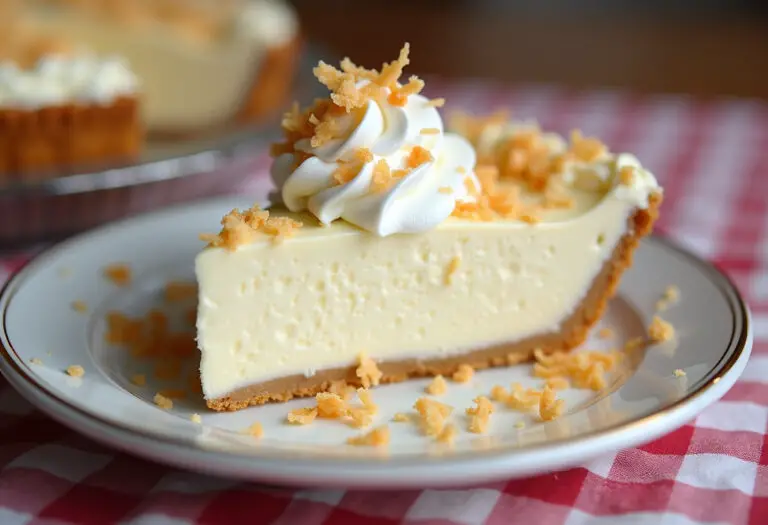 Slice of homemade coconut cream pie with toasted coconut flakes and whipped cream.