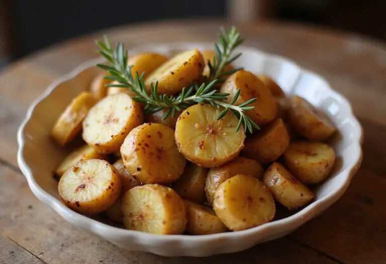 Delicious Garlic Roasted Potatoes garnished with rosemary, ready to serve.