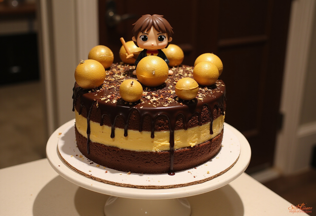 Finished Harry Potter cake with golden snitch and chocolate frosting, perfect for a Harry Potter party.