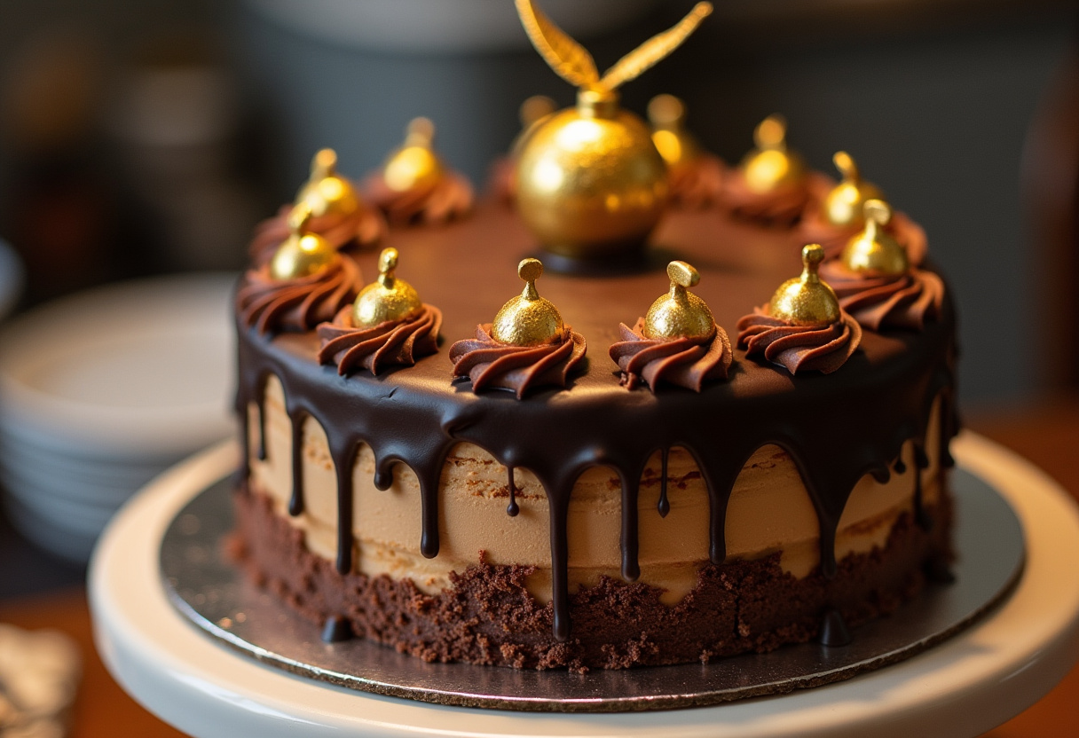 Finished Harry Potter cake with golden snitch and chocolate frosting, perfect for a Harry Potter party.