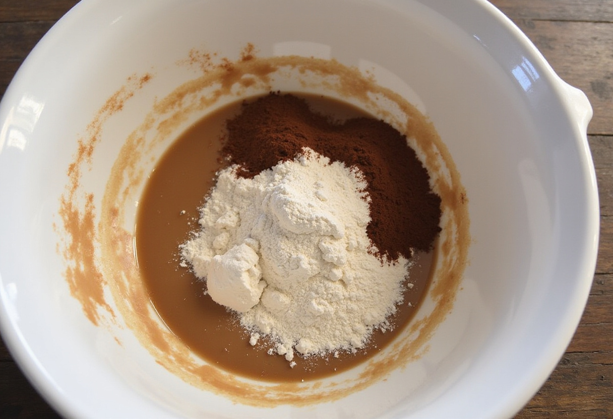 Sifting dry ingredients into wet ingredients for homemade Harry Potter cake.