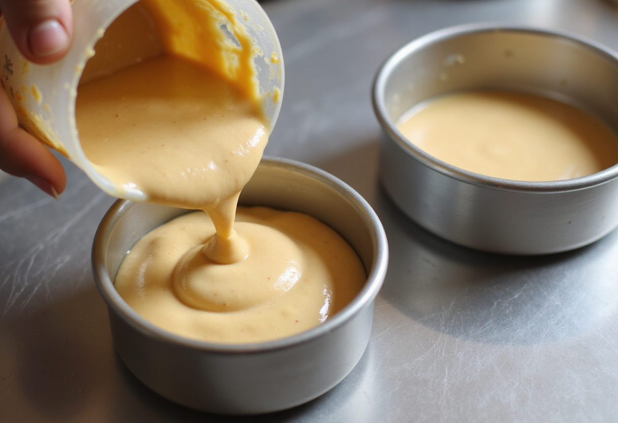 Pouring prepared cake batter into round baking pans for Harry Potter cake.