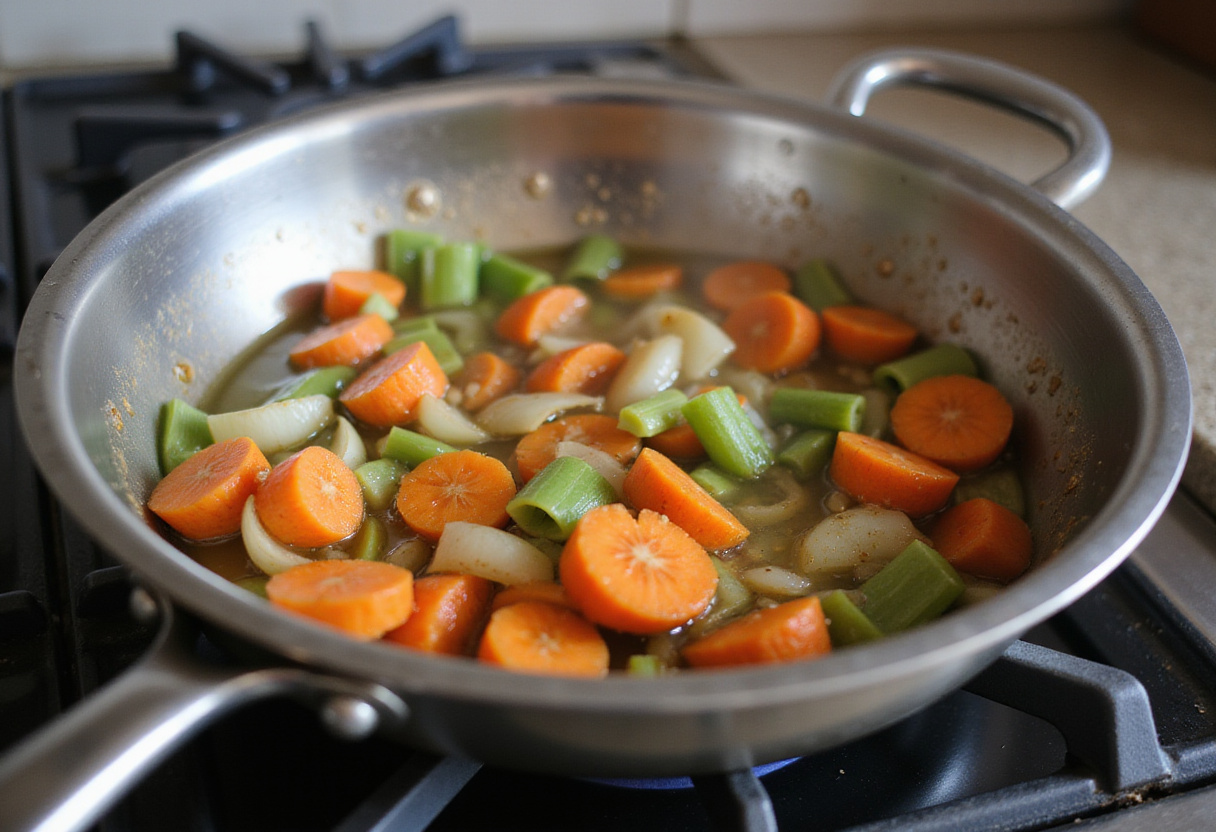 Sauteing vegetables for a high protein soup recipe.