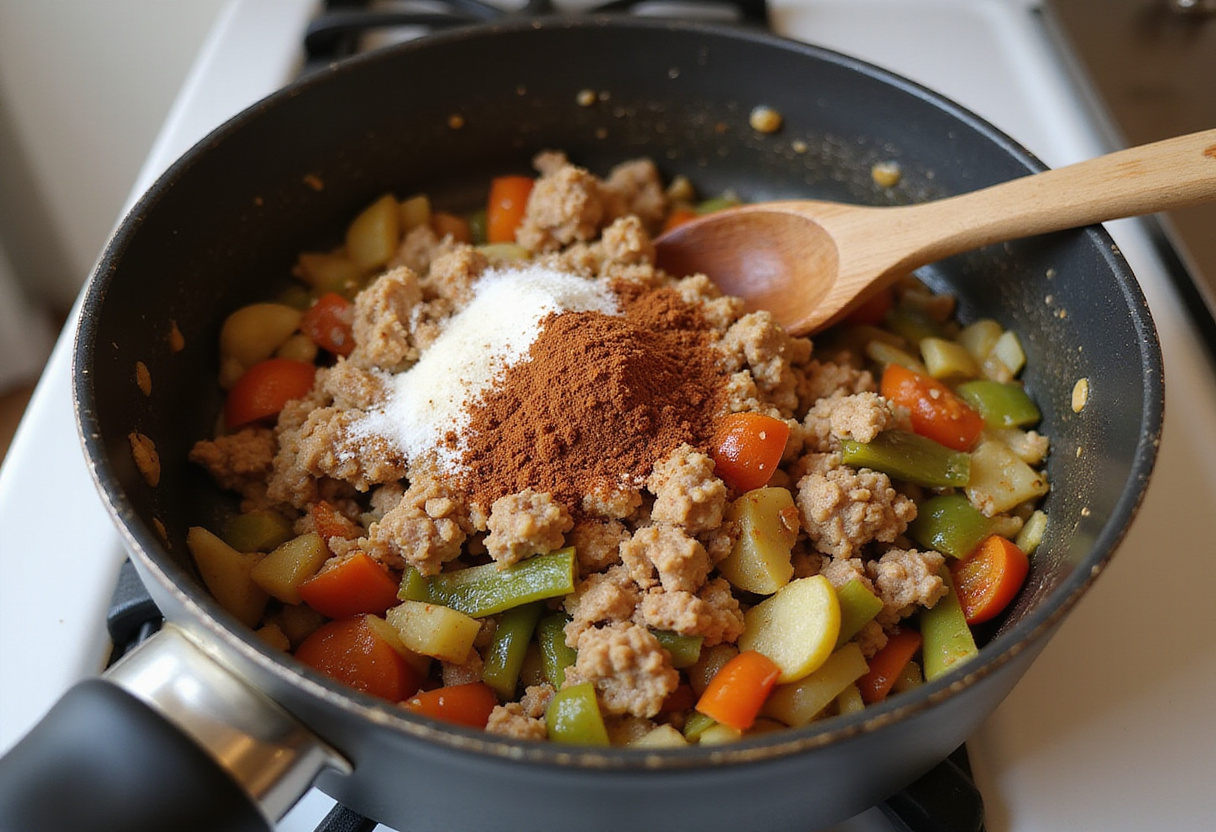Browning ground turkey in a pot with vegetables for high protein soup.