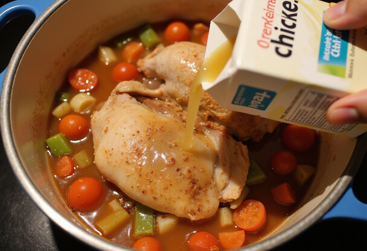 Adding chicken broth to ground turkey and vegetables for a homemade high protein soup.