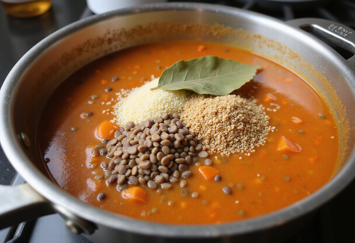 Adding lentils and quinoa to simmering high protein soup on stove.