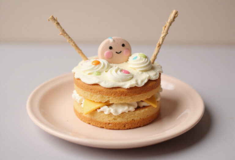 Finished and decorated bento cake on a plate, ready to eat.