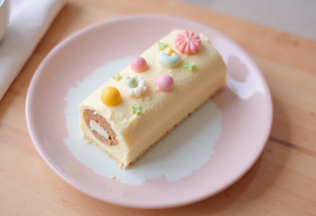 Finished and decorated bento cake on a plate, ready to eat.