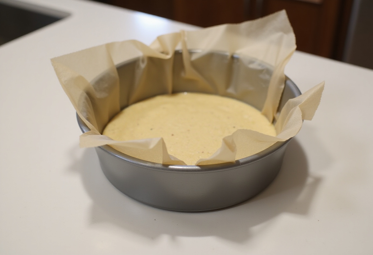 Round cake tin prepared for baking a bento cake.