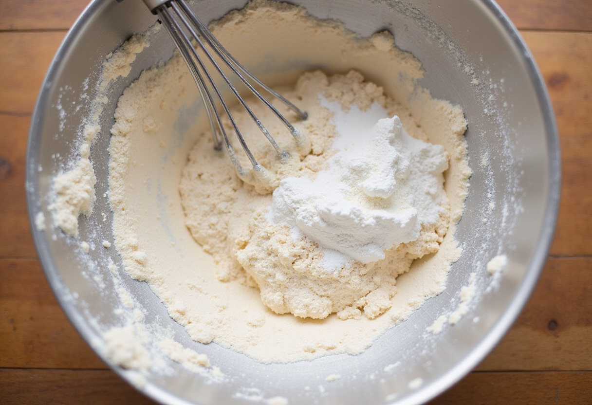 Dry ingredients being whisked in a bowl for a bento cake batter.