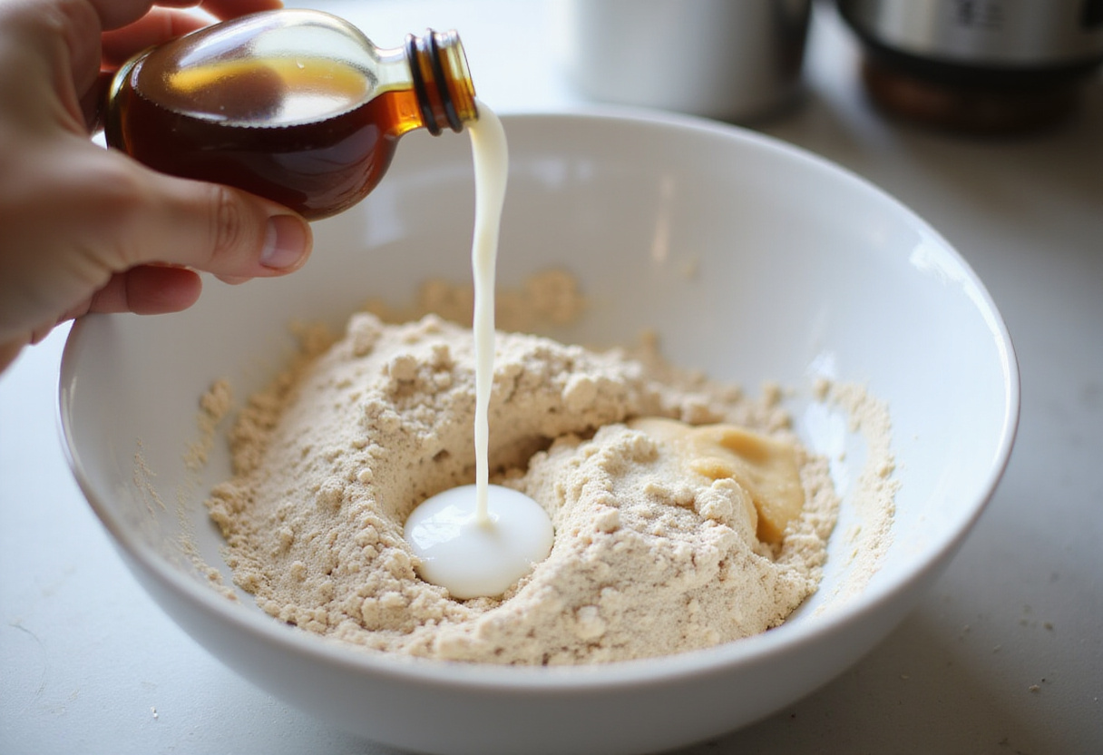 Wet ingredients being added to dry ingredients to make bento cake batter.