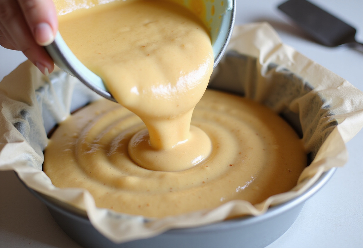 Cake batter being poured into a prepared cake tin for a bento cake.