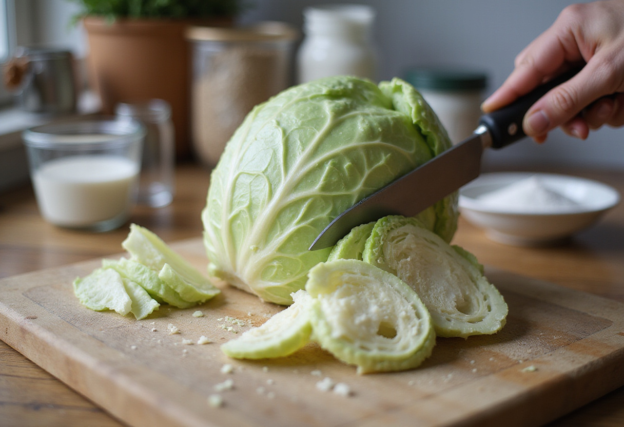 Slicing fresh green cabbage for homemade cabbage bread.