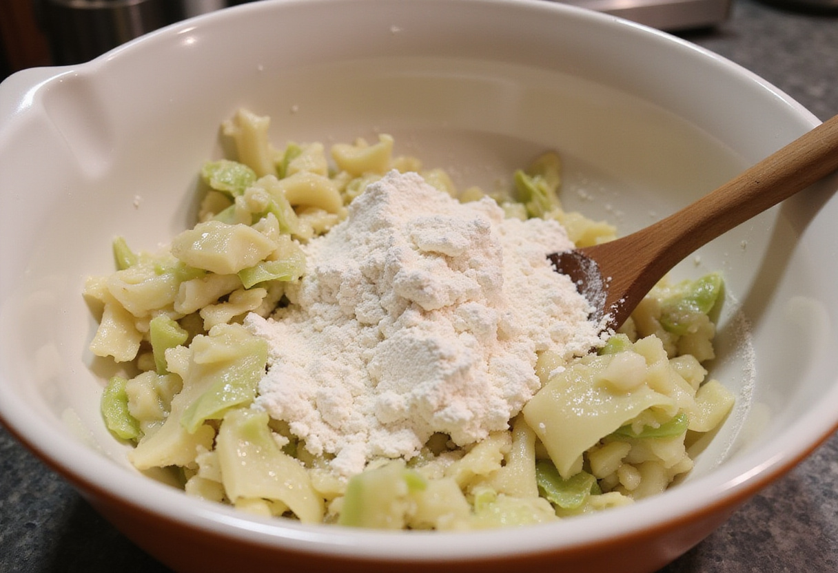 Combining sautΓ©ed cabbage mixture with flour and yeast for making cabbage bread.