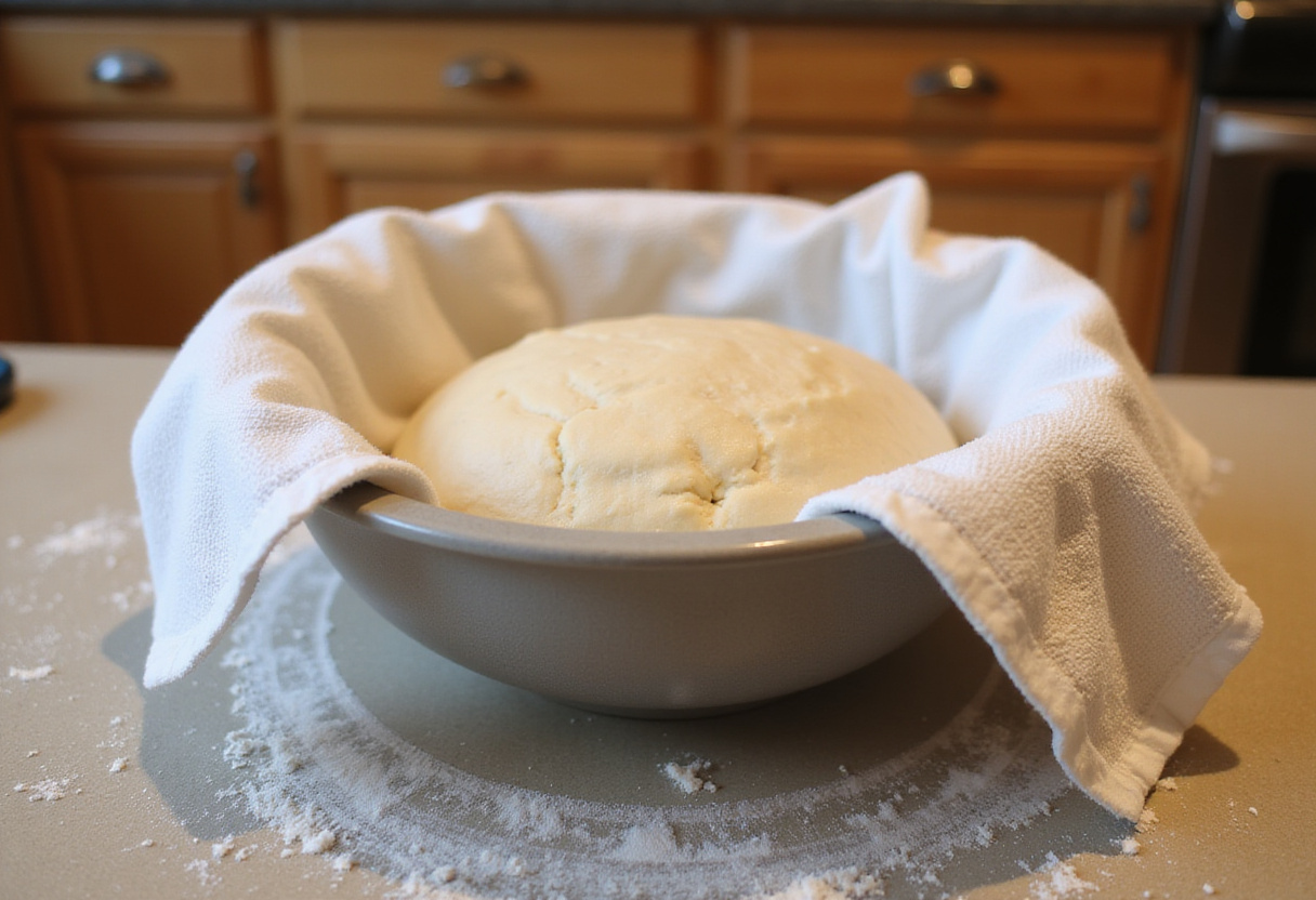 Cabbage bread dough proofing in a bowl covered with a towel.