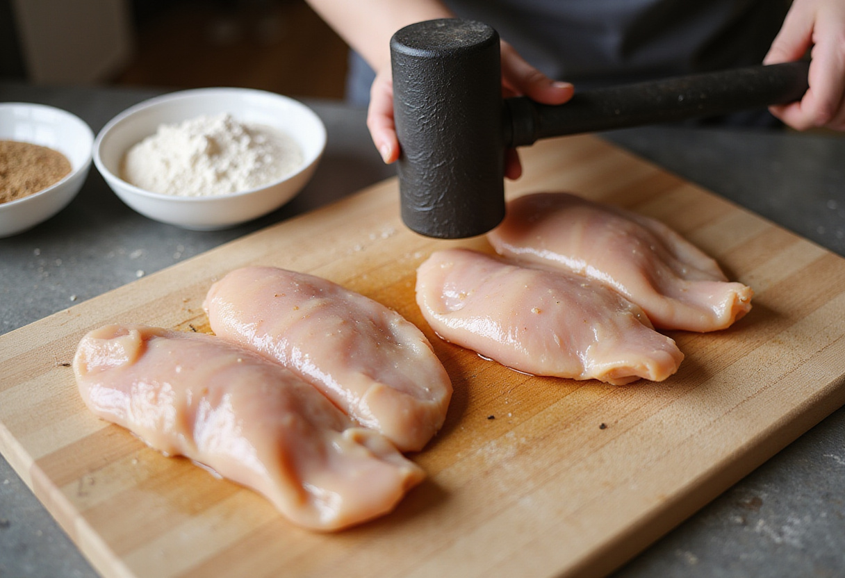 Chicken breasts being tenderized on a cutting board for chicken bread recipe.