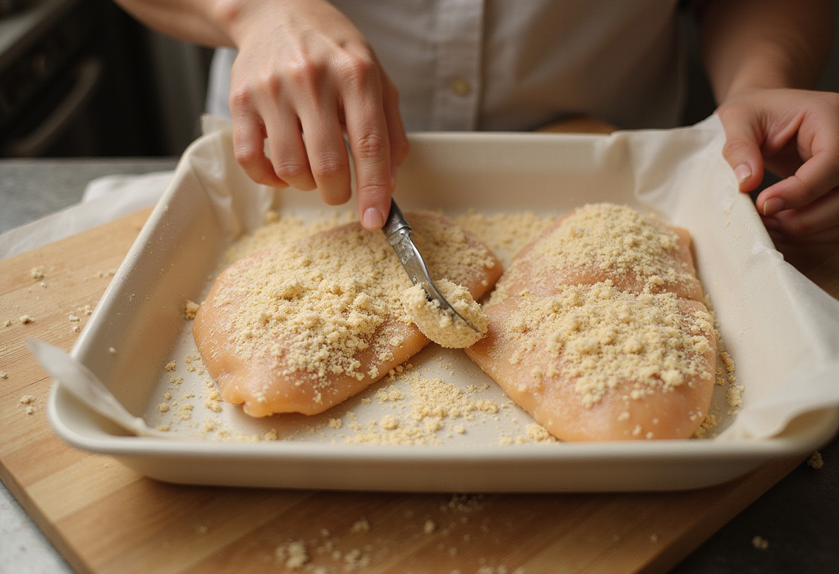 Chicken breasts being coated in breadcrumbs for frying to make chicken bread.
