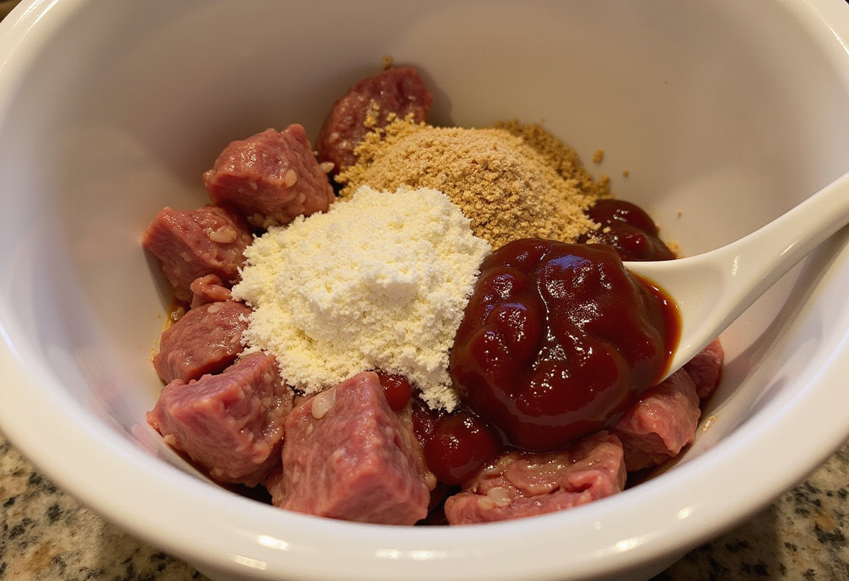 Ingredients for Lipton Onion Soup Meatloaf in a mixing bowl.