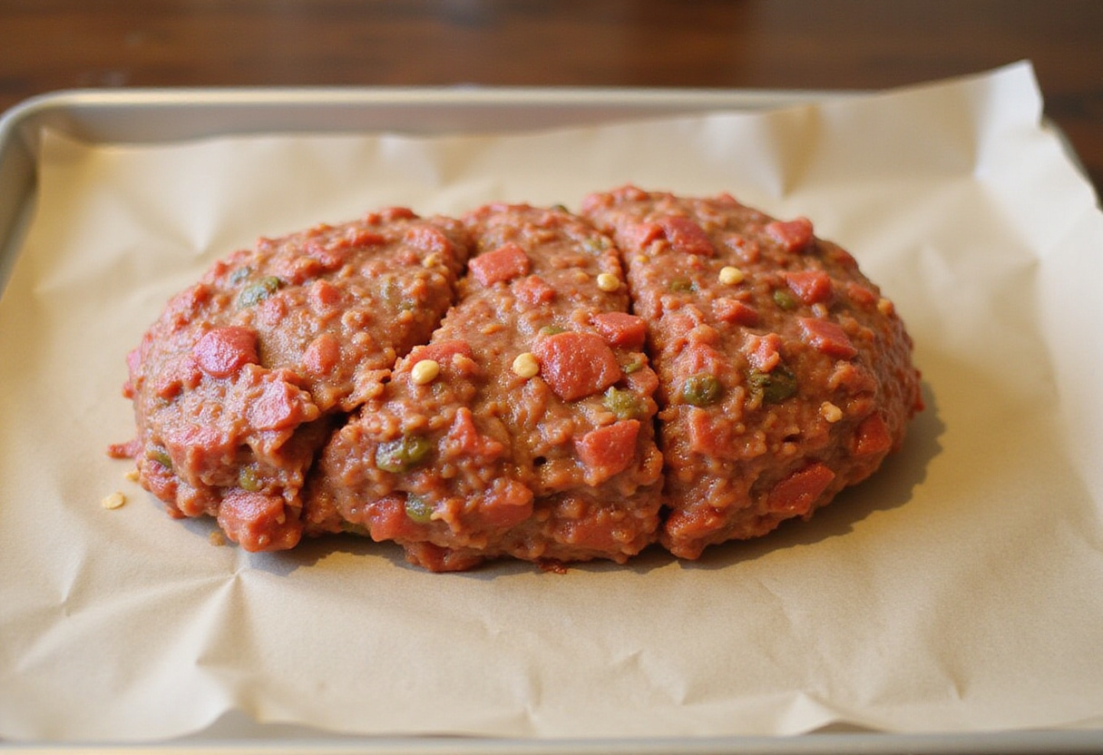 Meatloaf shaped on a baking sheet for Lipton Onion Soup Meatloaf.