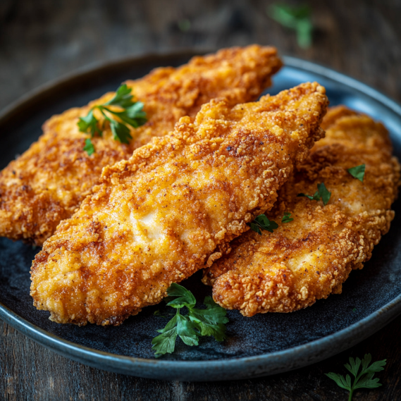 Delicious golden-brown chicken bread plated and ready to eat.