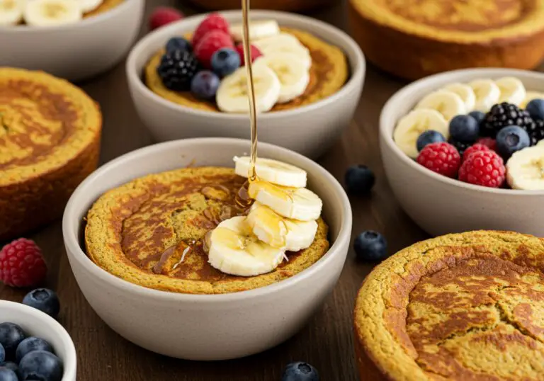 Delicious final presentation of Baked Protein Pancake Bowls topped with yogurt and berries for a healthy breakfast.