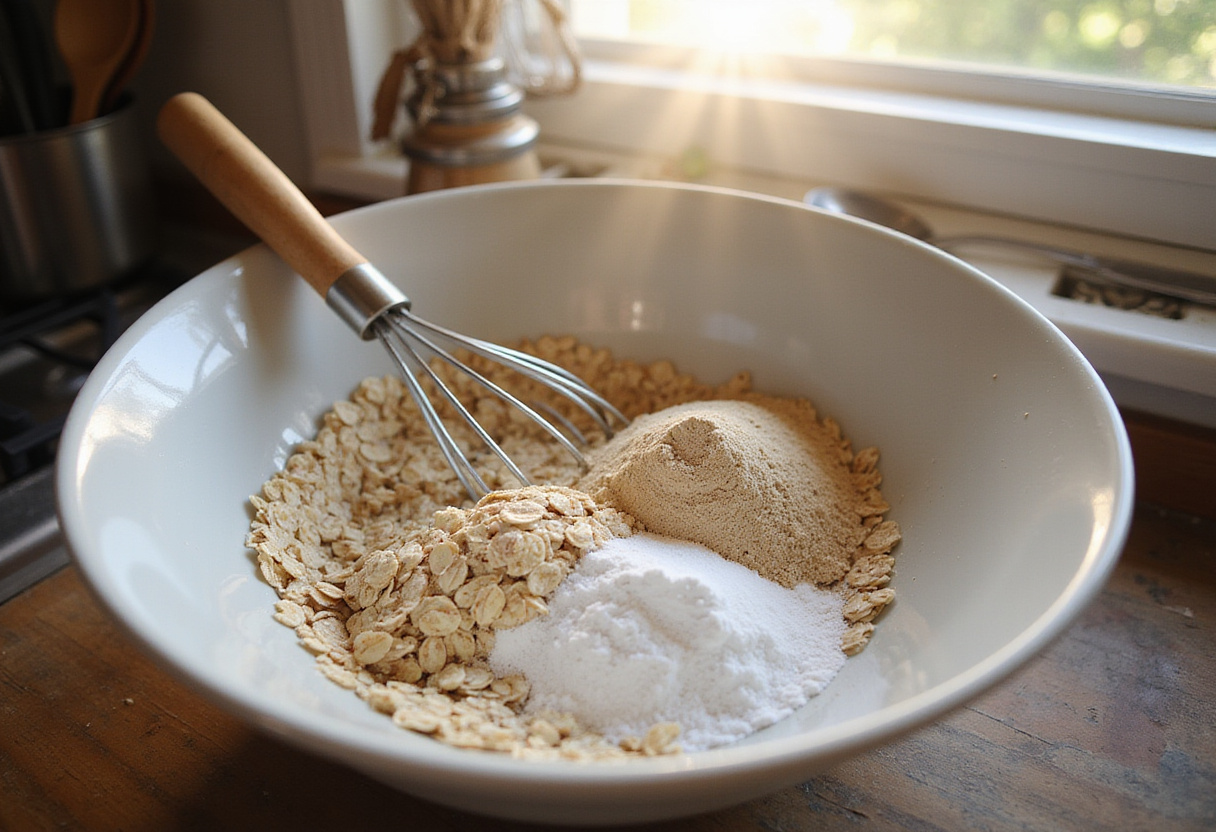 Mixing oats and protein powder for Baked Protein Pancake Bowls to boost protein content.