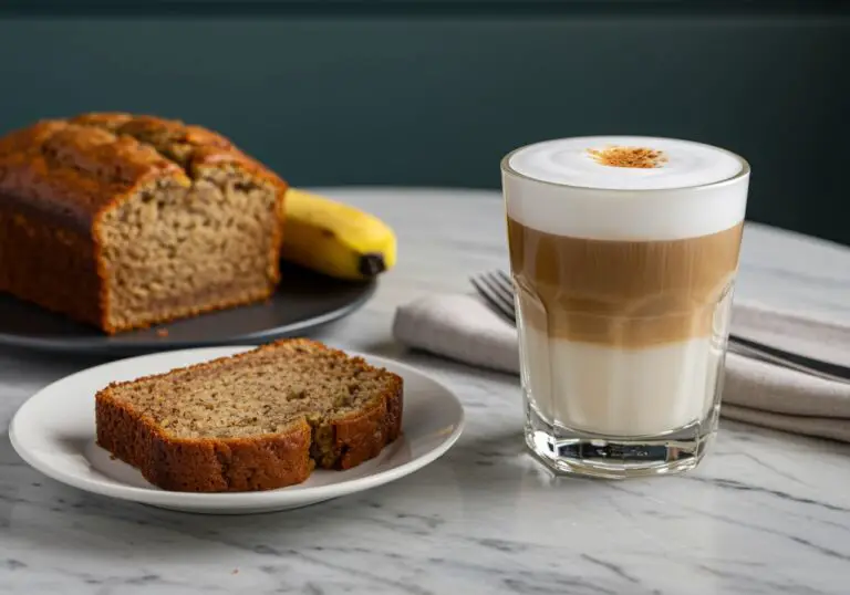 Final presentation of a delicious Banana Bread Latte next to banana bread, highlighting the rich flavors and inviting appeal of this unique beverage.