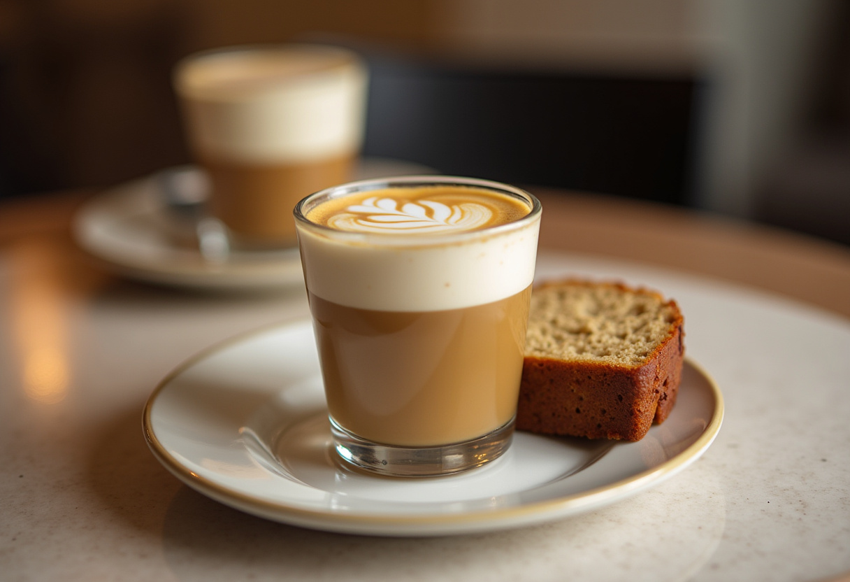 Final presentation of a delicious Banana Bread Latte next to banana bread, highlighting the rich flavors and inviting appeal of this unique beverage.