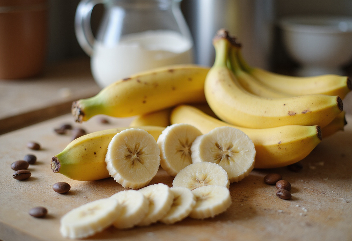 Delicious Banana Bread Latte ingredients including ripe bananas and coffee beans, perfect for a banana bread flavored drink.