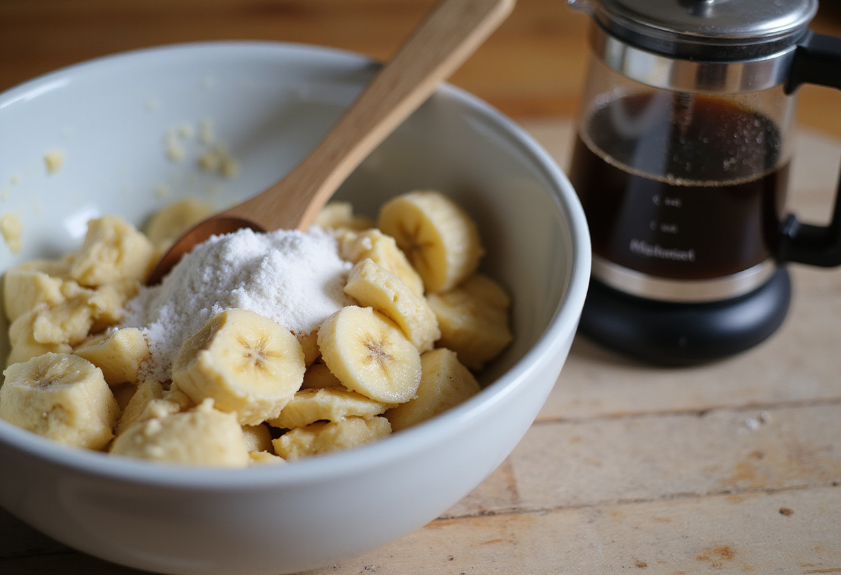 Mixing ingredients for Banana Bread Latte, featuring mashed bananas and brewing coffee, key components for a delicious drink.