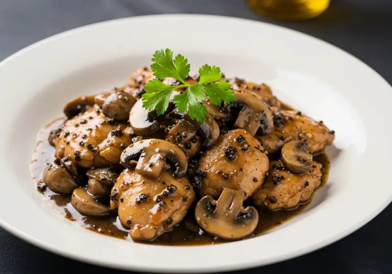 Deliciously plated Black Pepper Chicken with Mushrooms showcasing a rich sauce, garnished with fresh herbs, perfect for serving.