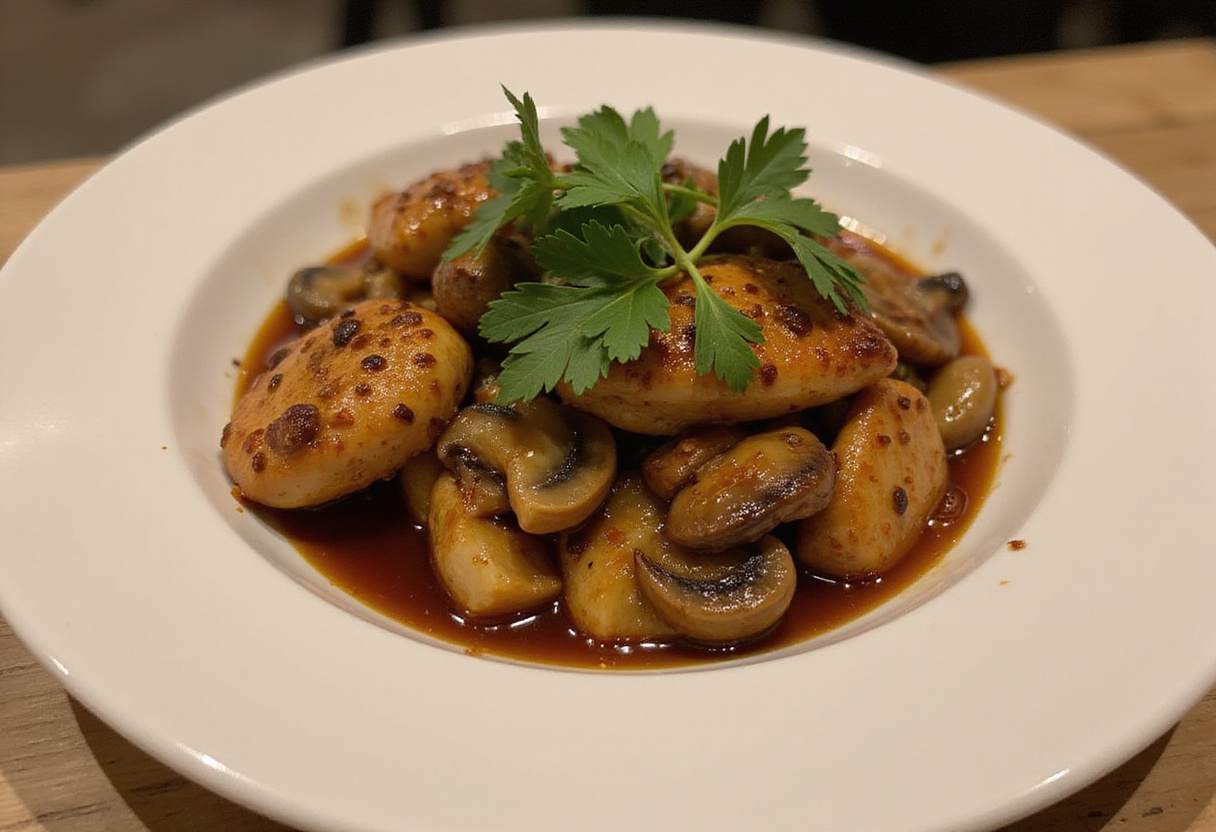 Deliciously plated Black Pepper Chicken with Mushrooms showcasing a rich sauce, garnished with fresh herbs, perfect for serving.