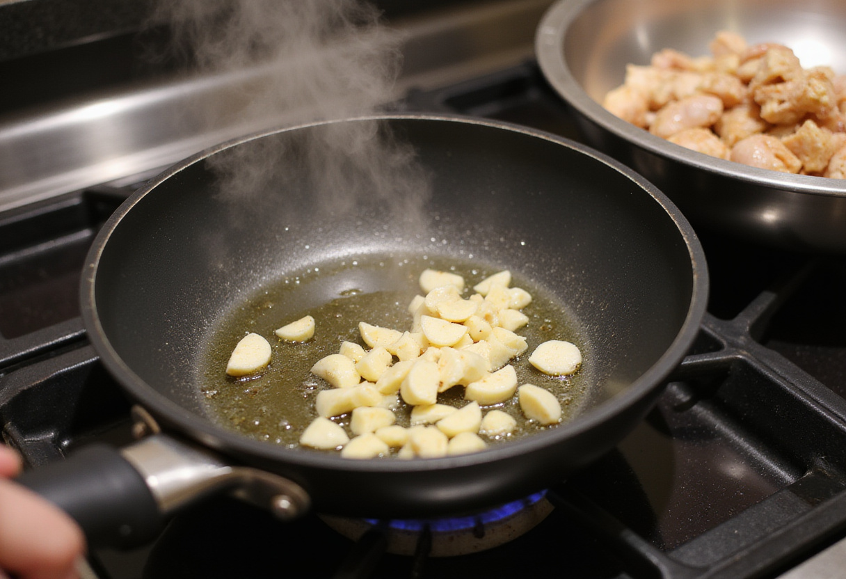 Black Pepper Chicken with Mushrooms cooking preparation featuring marinated chicken, garlic, and ginger in a skillet on the stove.