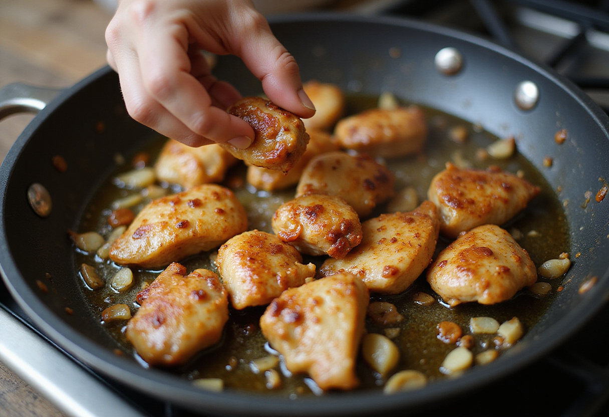 Sizzling black pepper chicken cooking in a skillet, showcasing the marinated chicken browning with garlic and ginger for a delicious stir-fry recipe.