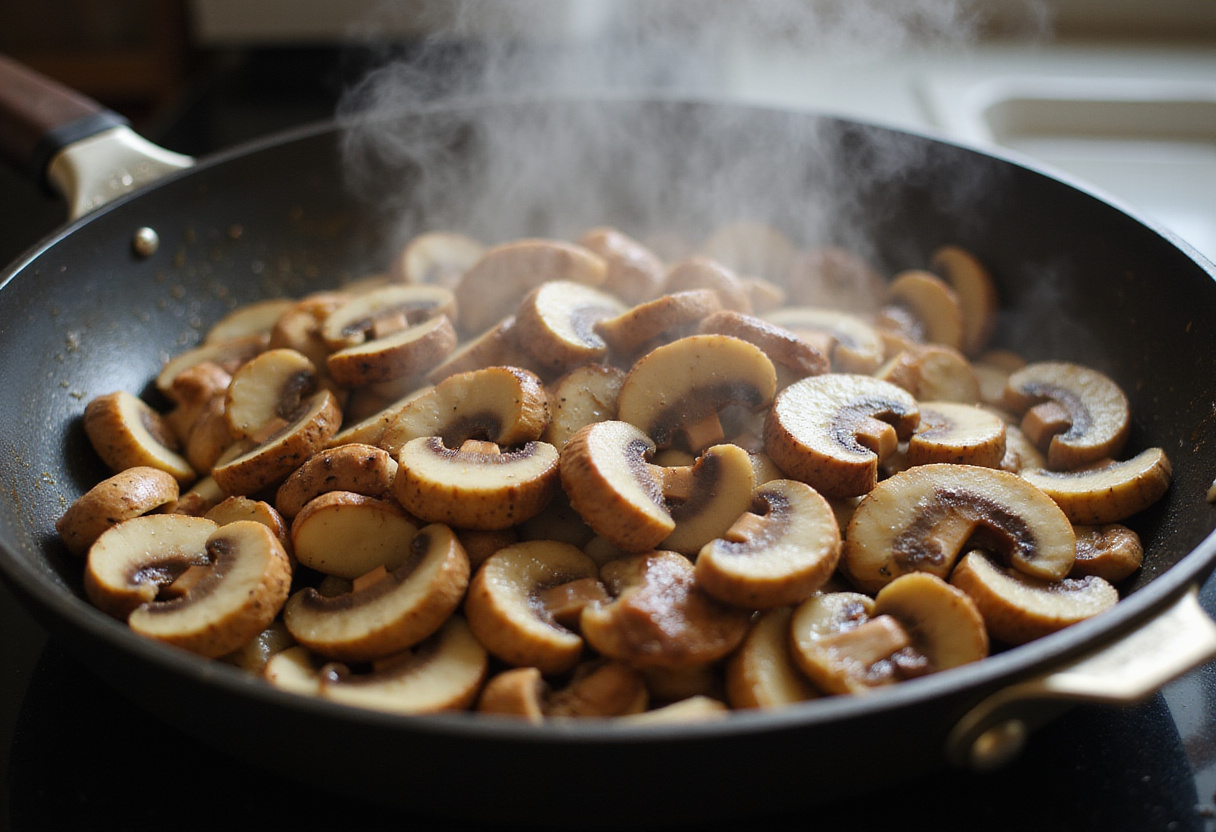 Mushrooms added to black pepper chicken stir-fry, capturing the sizzling moment of shiitake and button mushrooms merging with the chicken in the skillet.
