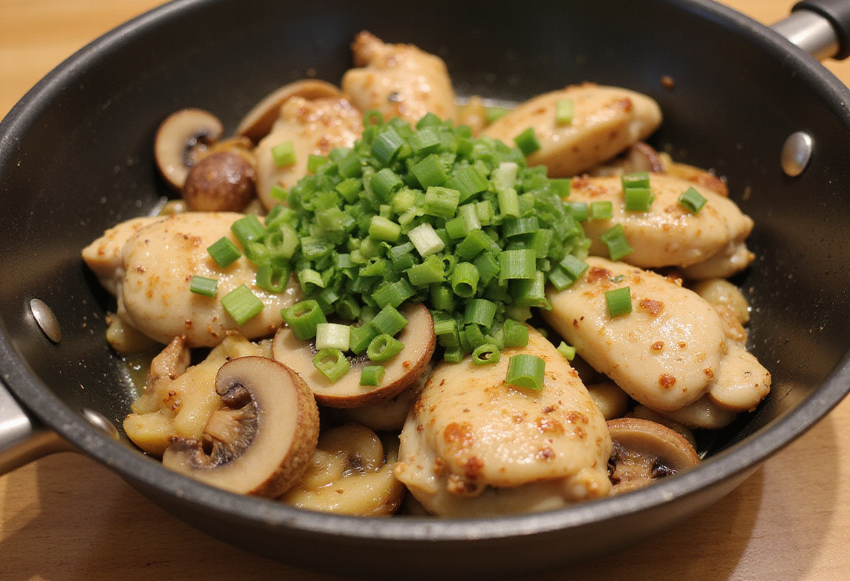 Finishing touches on Black Pepper Chicken with Mushrooms, green onions sprinkled on top, highlighting the vibrant colors and flavors in the skillet.