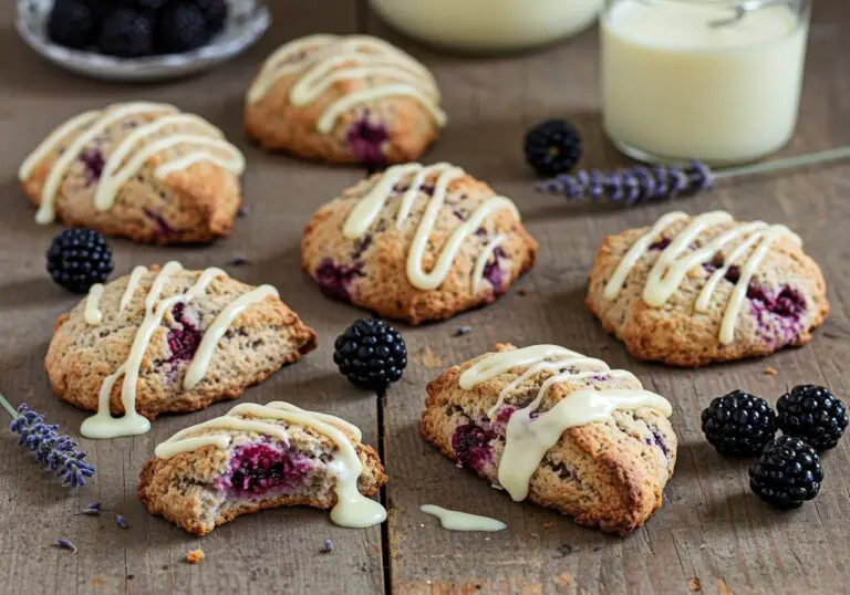 A stunning display of Blackberry Lavender White-Chocolate Scones garnished with white chocolate and fresh blackberries, showcasing the delicious result of this delightful baking recipe.