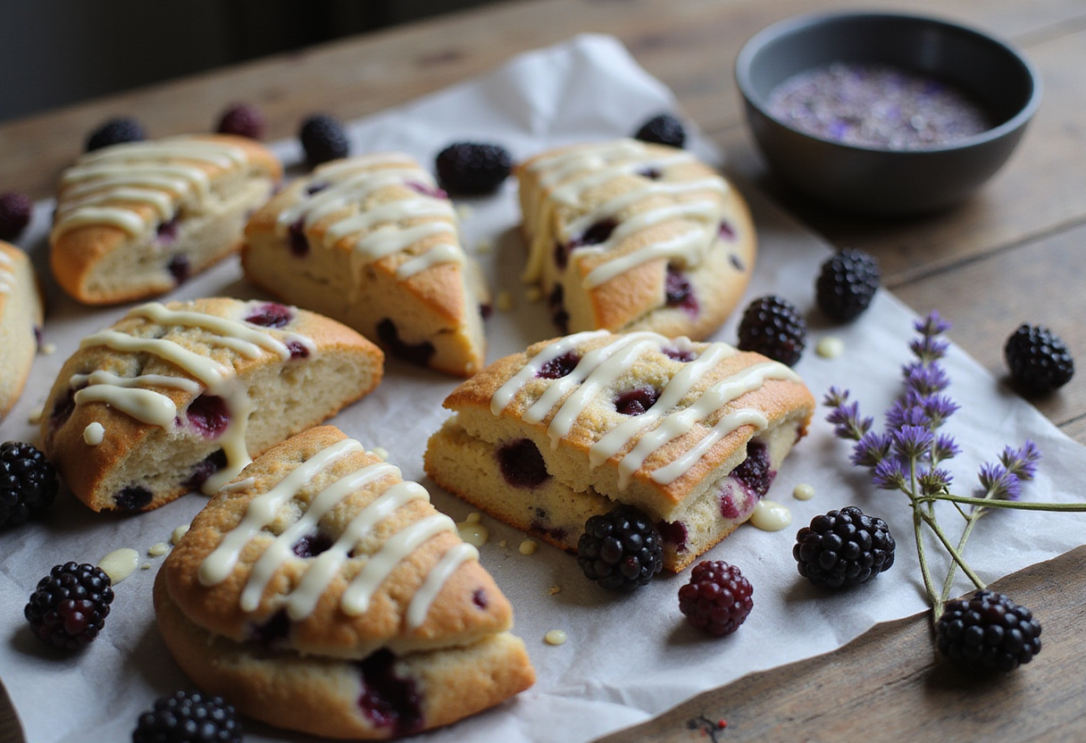 A stunning display of Blackberry Lavender White-Chocolate Scones garnished with white chocolate and fresh blackberries, showcasing the delicious result of this delightful baking recipe.