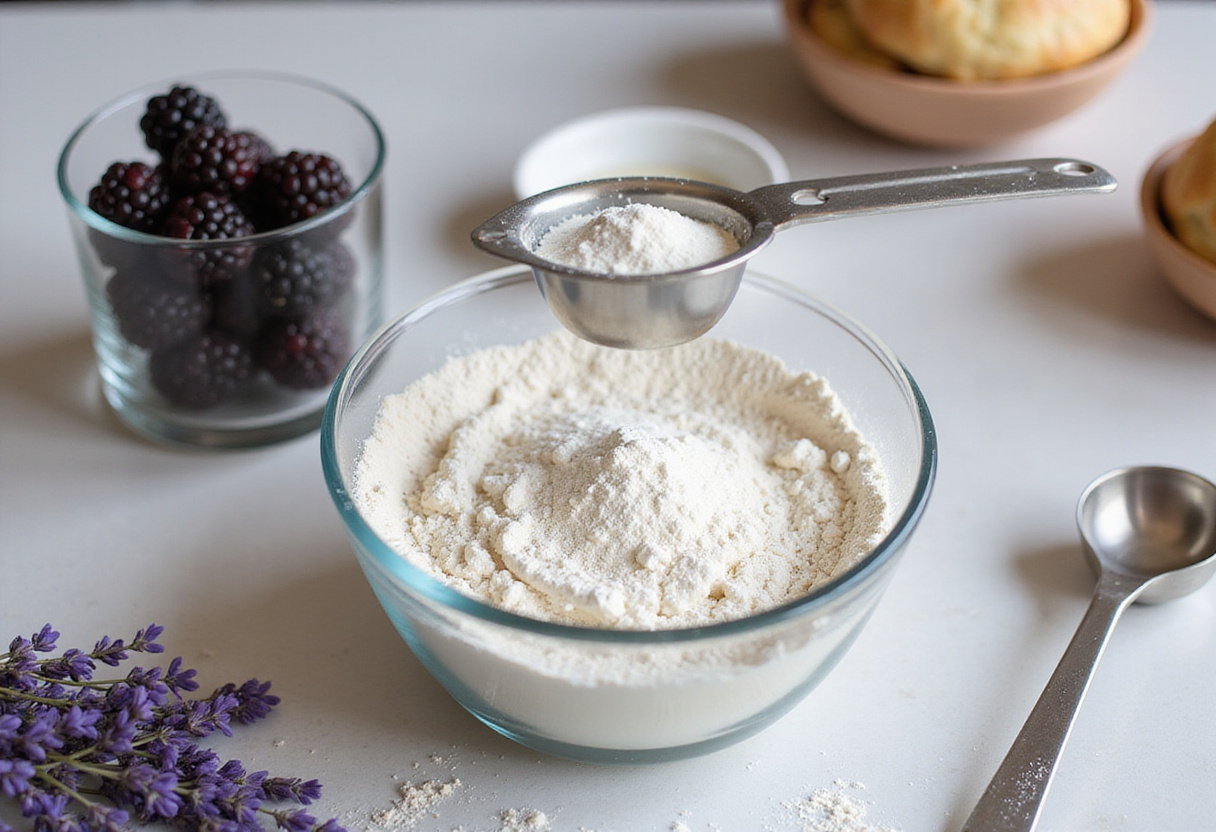 Ingredients for Blackberry Lavender White-Chocolate Scones including flour, sugar, blackberries, and lavender, beautifully arranged on a kitchen counter.
